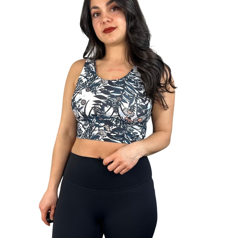 Sweaty Betty Longline Sports Bra in White & Blue Floral